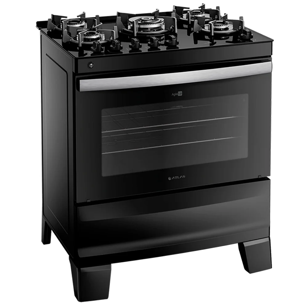 Fogão Atlas 5 Bocas Agile Glass Automático Mesa de Vidro Forno 86,5L