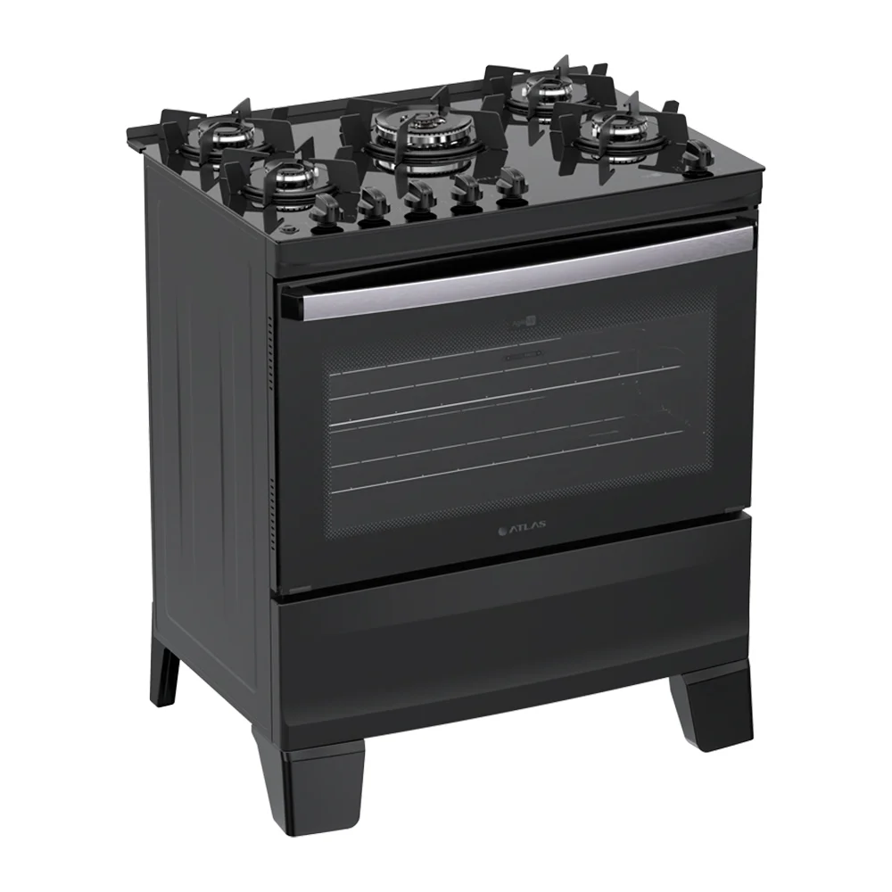 Fogão Atlas Agile Glass 5 bocas Automático Mesa de Vidro Tripla Chama