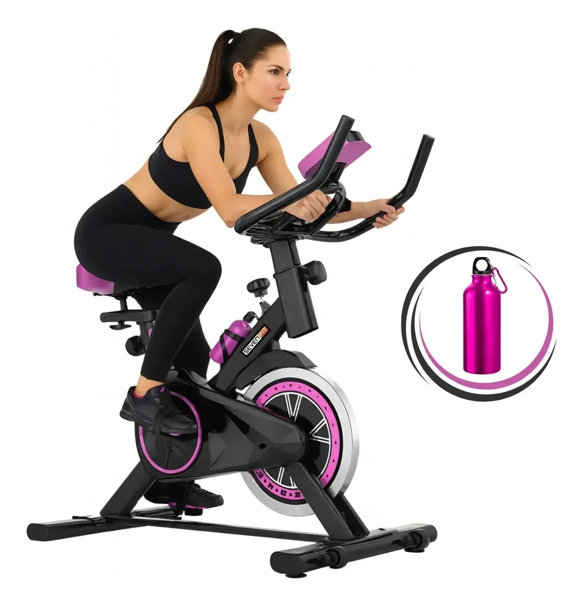 Bicicleta Ergométrica Bike Spinning Sensação Inércia Com Medidor Cardíaco Fitness Preto e Rosa Sevenfit