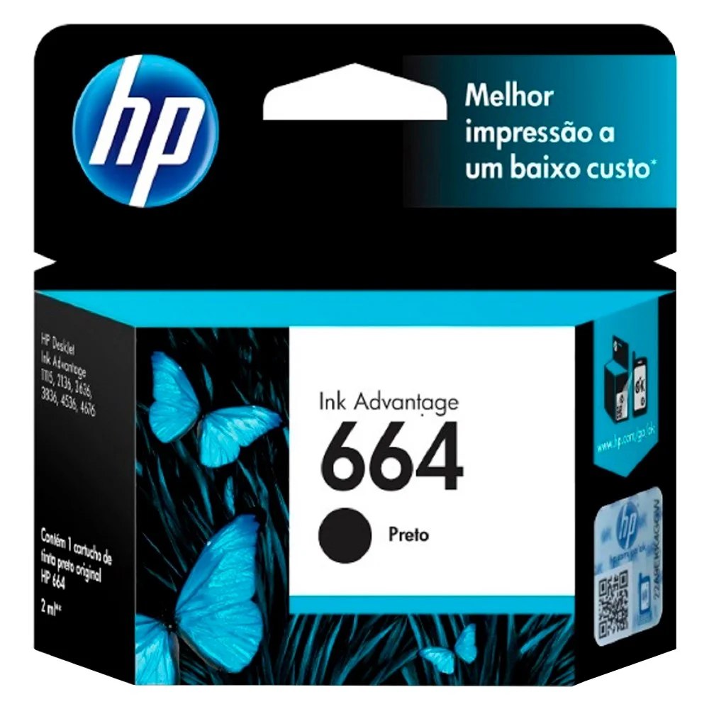 Cartucho de Tinta HP Preto Nº664 Original até 480 Páginas F6V29AB