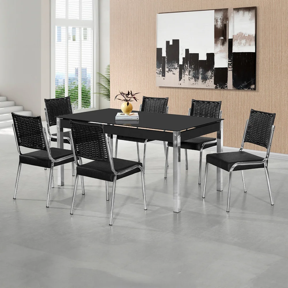 Conjunto de Mesa 6 Cadeiras Tampo de Vidro CR RT Aço Nobre
