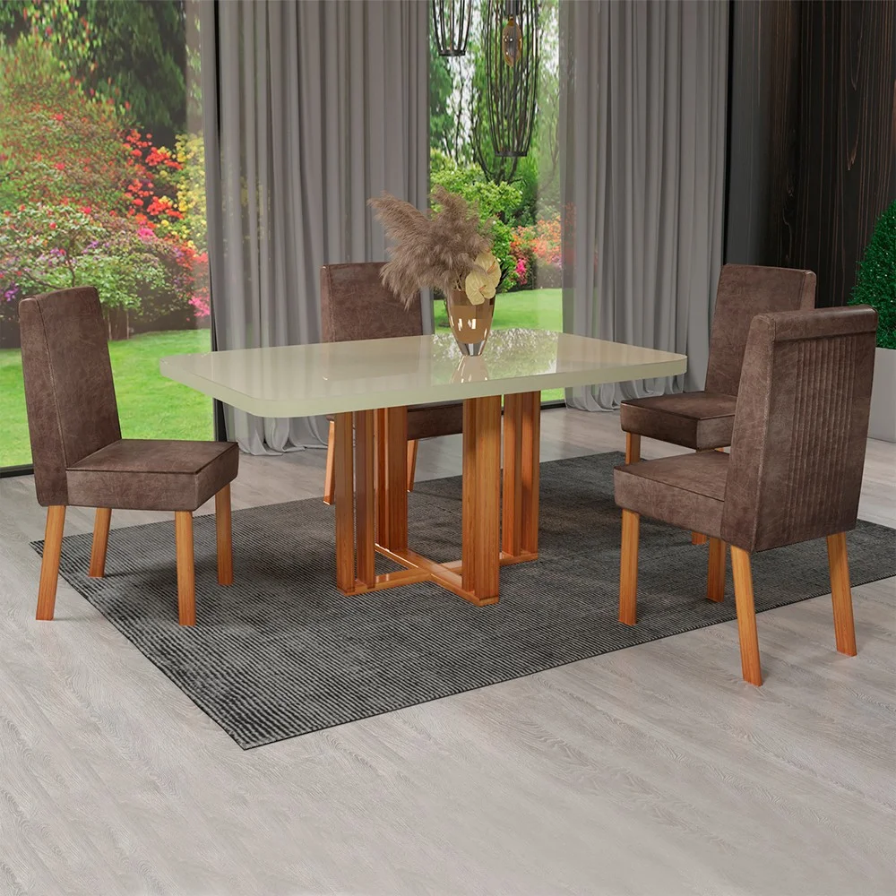 Conjunto de Mesa 4 Cadeiras Tampo MDF e Vidro Ghaia Bom Pastor