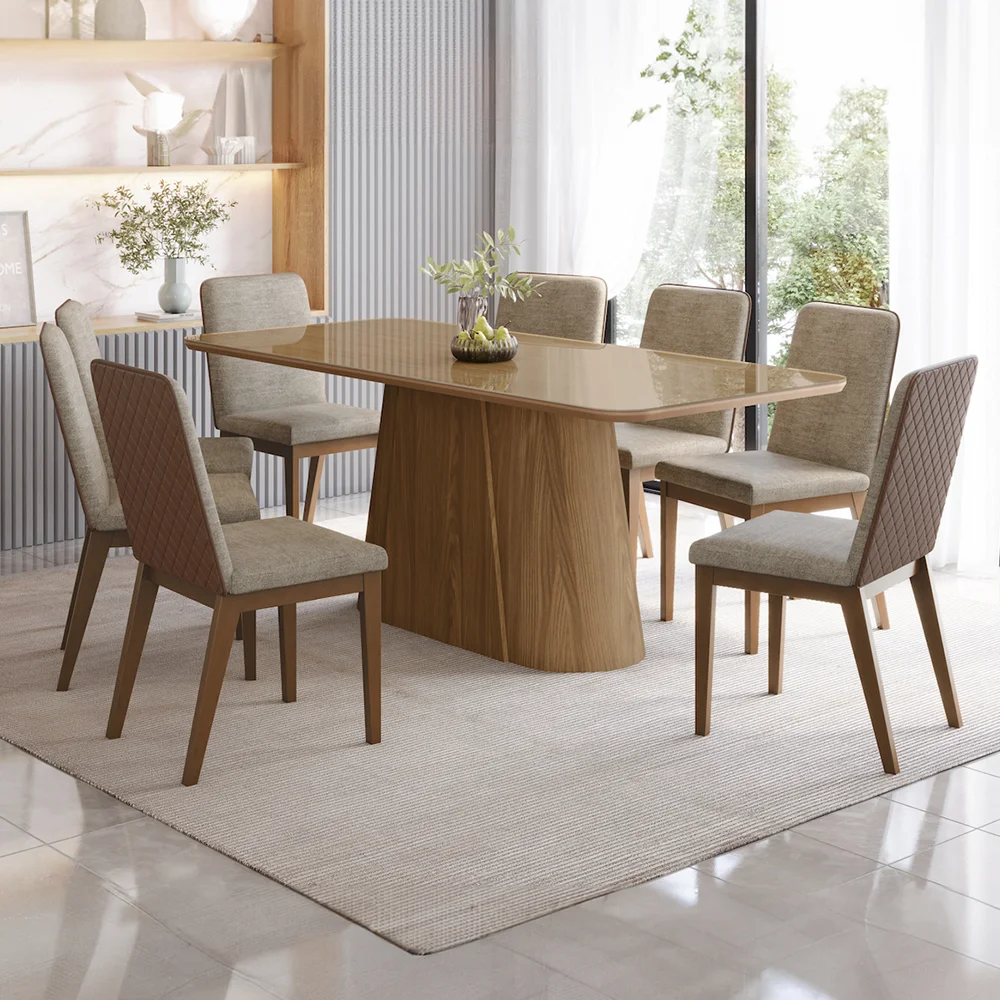 Conjunto de Mesa 8 Cadeiras Tampo Madeira e Vidro Olivia Henn