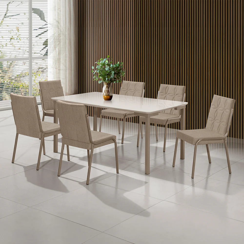 Conjunto de Mesa 6 Cadeiras Tampo MDF e Vidro Colado Aço Nobre