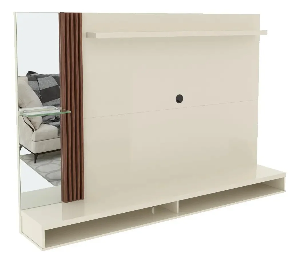 Painel Para Tv Até 55 Polegadas Ripado E Espelho Paris 160cm Cor Off White/Naturale