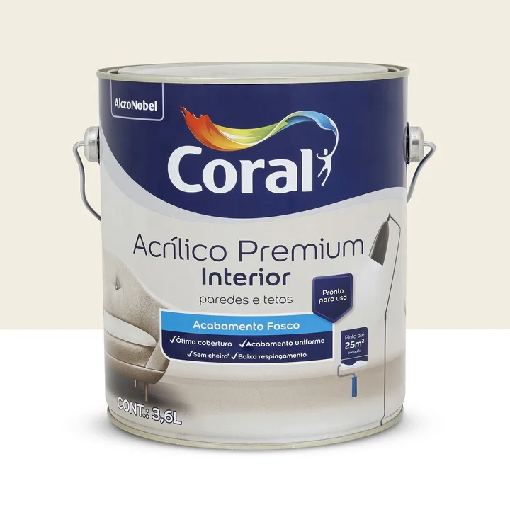 Tinta Acrílica Fosca para Parede Interna Pronto para Uso Coral Acrílico Premium Interior Branco 3,6L