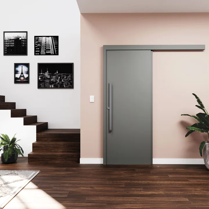 Kit Porta Madeira de Correr Direito|Esquerdo Grafite 210x82cm Sarrafeada Batente 12 a 19cm Vivace Plus Lisa