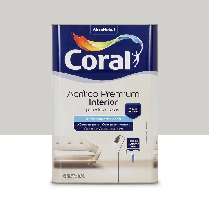 Tinta Acrílica Fosca para Parede Interna Pronto para Uso Coral Acrílico Premium Interior Crômio 18L