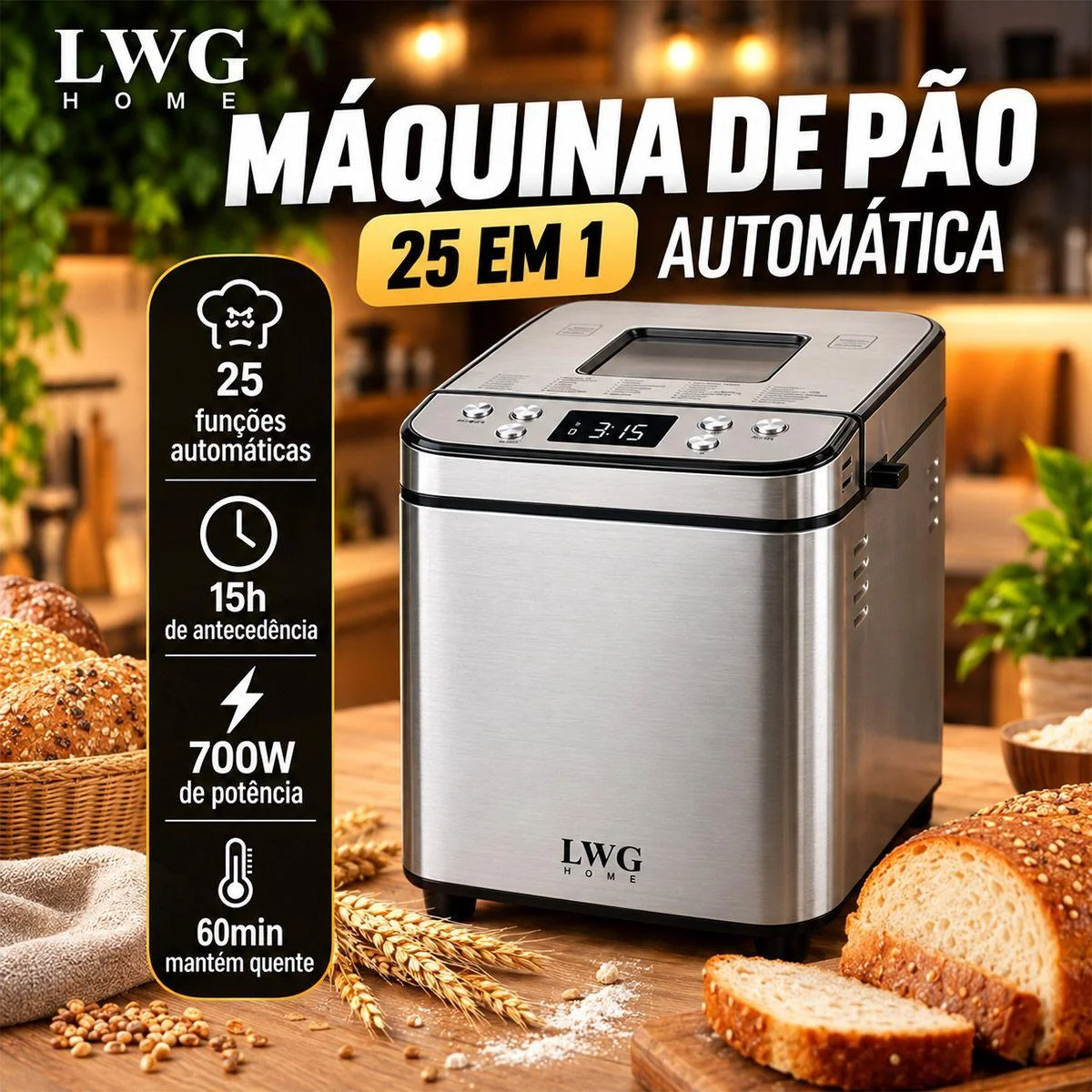 Panificadora Elétrica 25 Funções 700w Máquina De Pão Faz Iogurte Timer 15h
