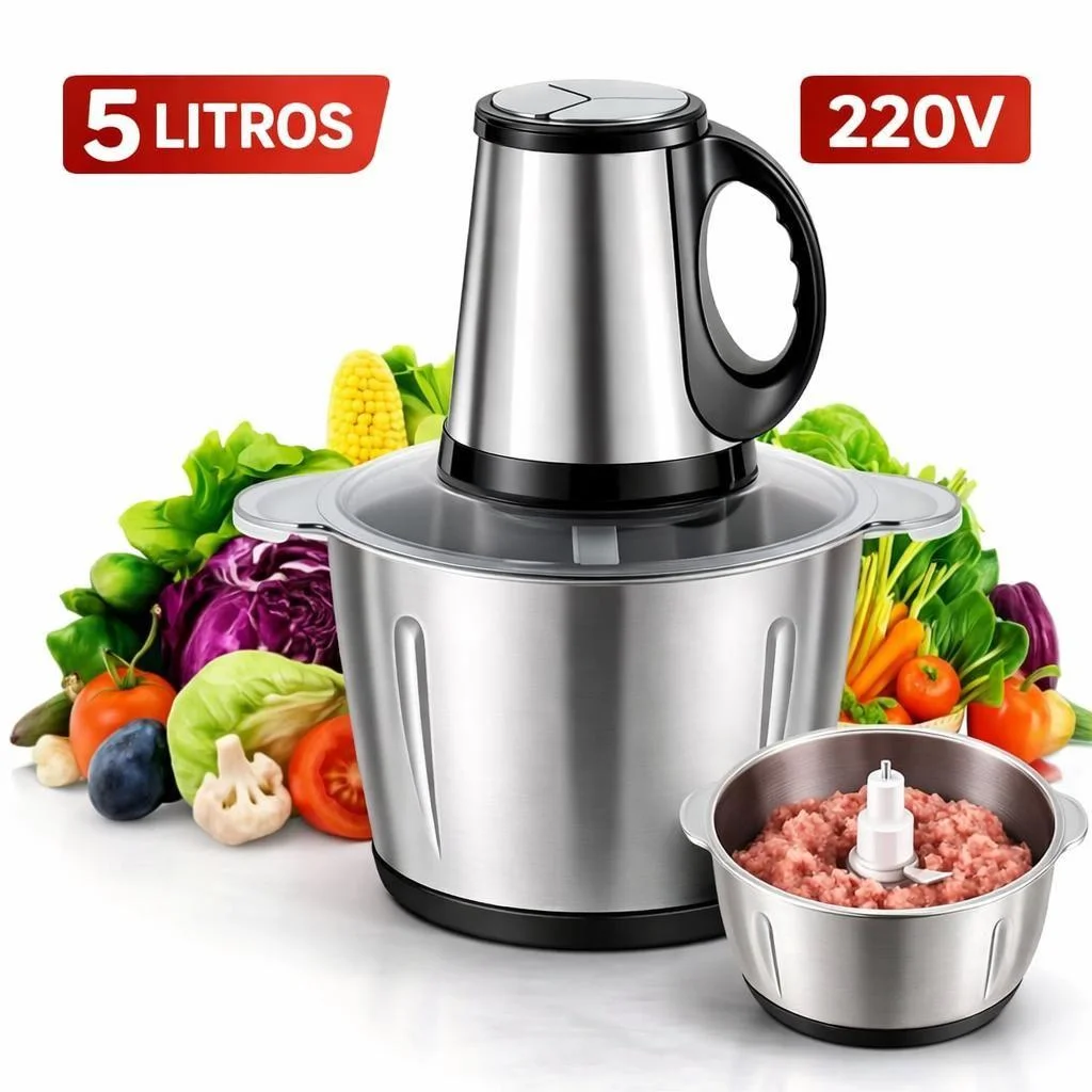 Triturador De Alimentos Elétrico 5L Inox Multiprocessador 2 Velocidades Picador De Carne Alho Cebola