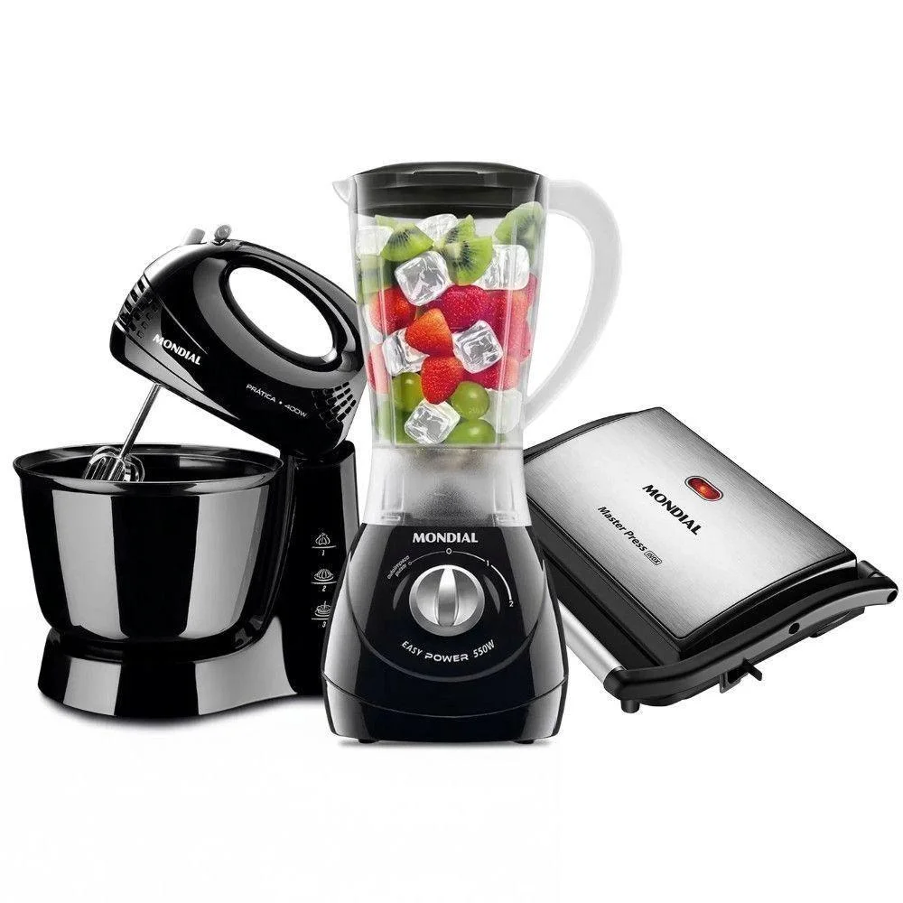 Kit Batedeira Liquidificador e Grill Preto Mondial