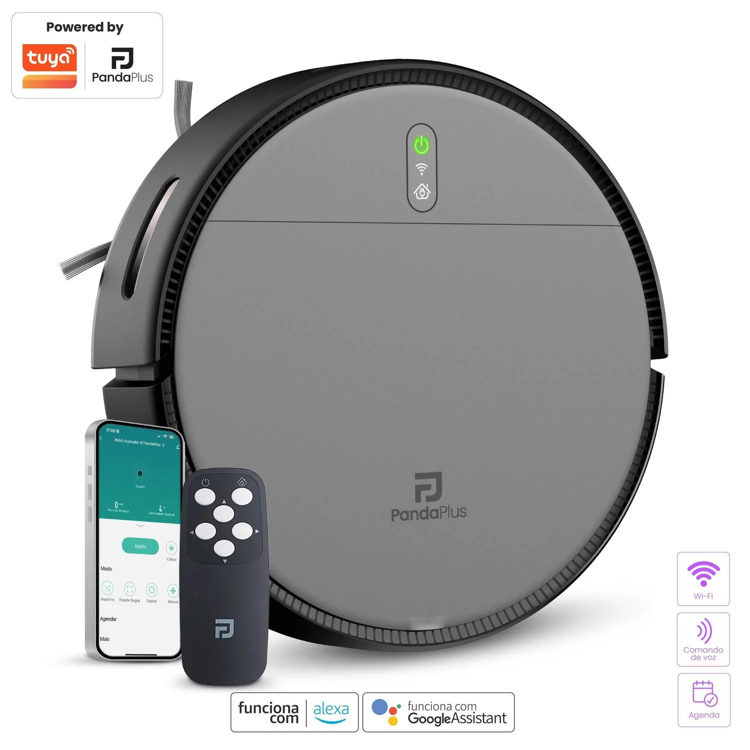 Aspirador Robô Inteligente Com App Alexa Google Wifi PandaPlus AMGR1 Controle Passa Pano Volta Base Preto Cinza
