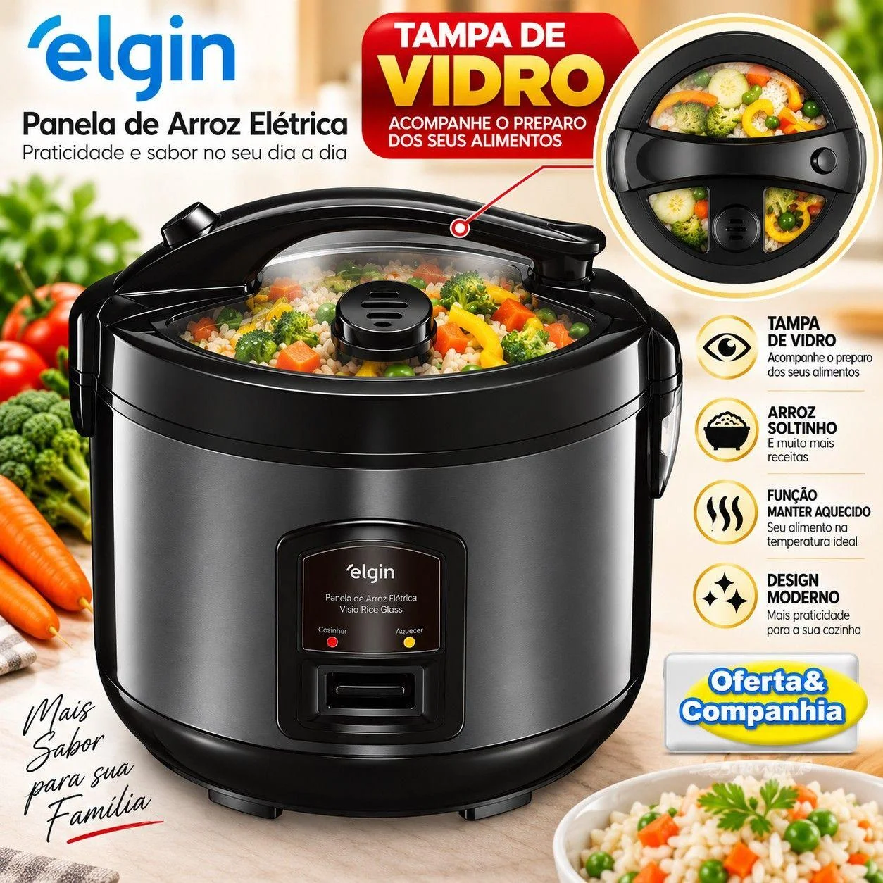 Panela De Arroz Elétrica Elgin 5 Xicaras 2L Tampa de Vidro 400W
