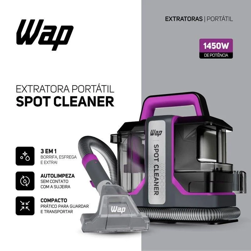 Extratora de Sujeira Portatil WAP Spot Cleaner W3 Aspira Borrifa, Limpeza Profunda para Estofados Carpetes e Carros