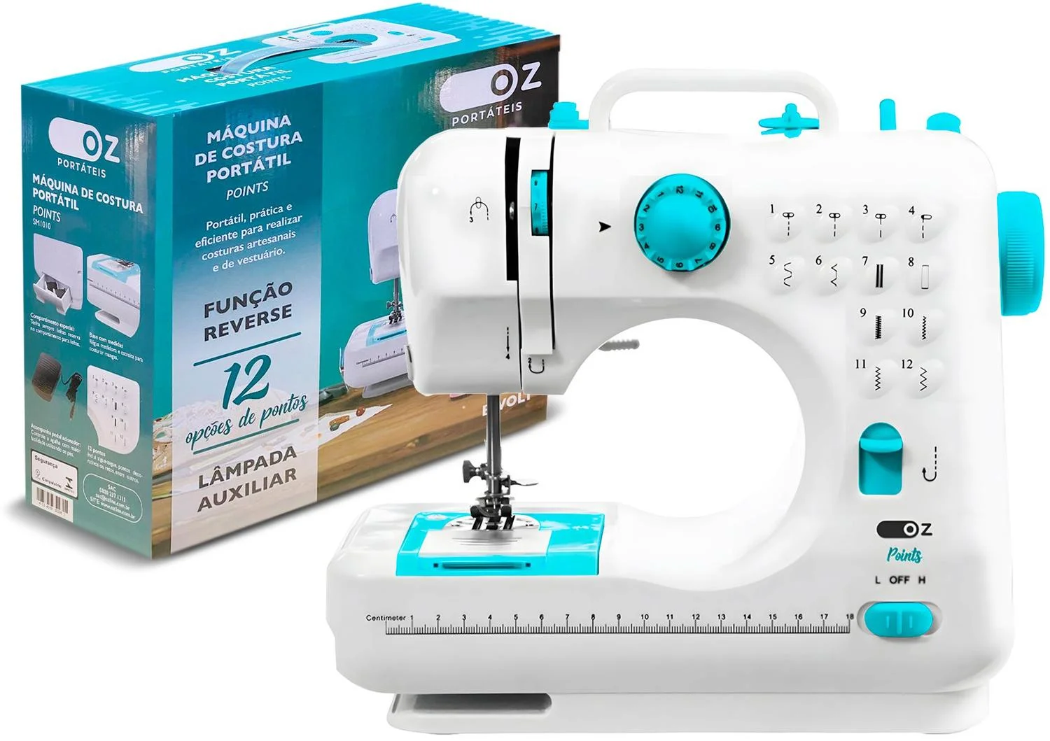 Máquina De Costura Reta Oz Sm1010 Portátil 12 Pontos Branca