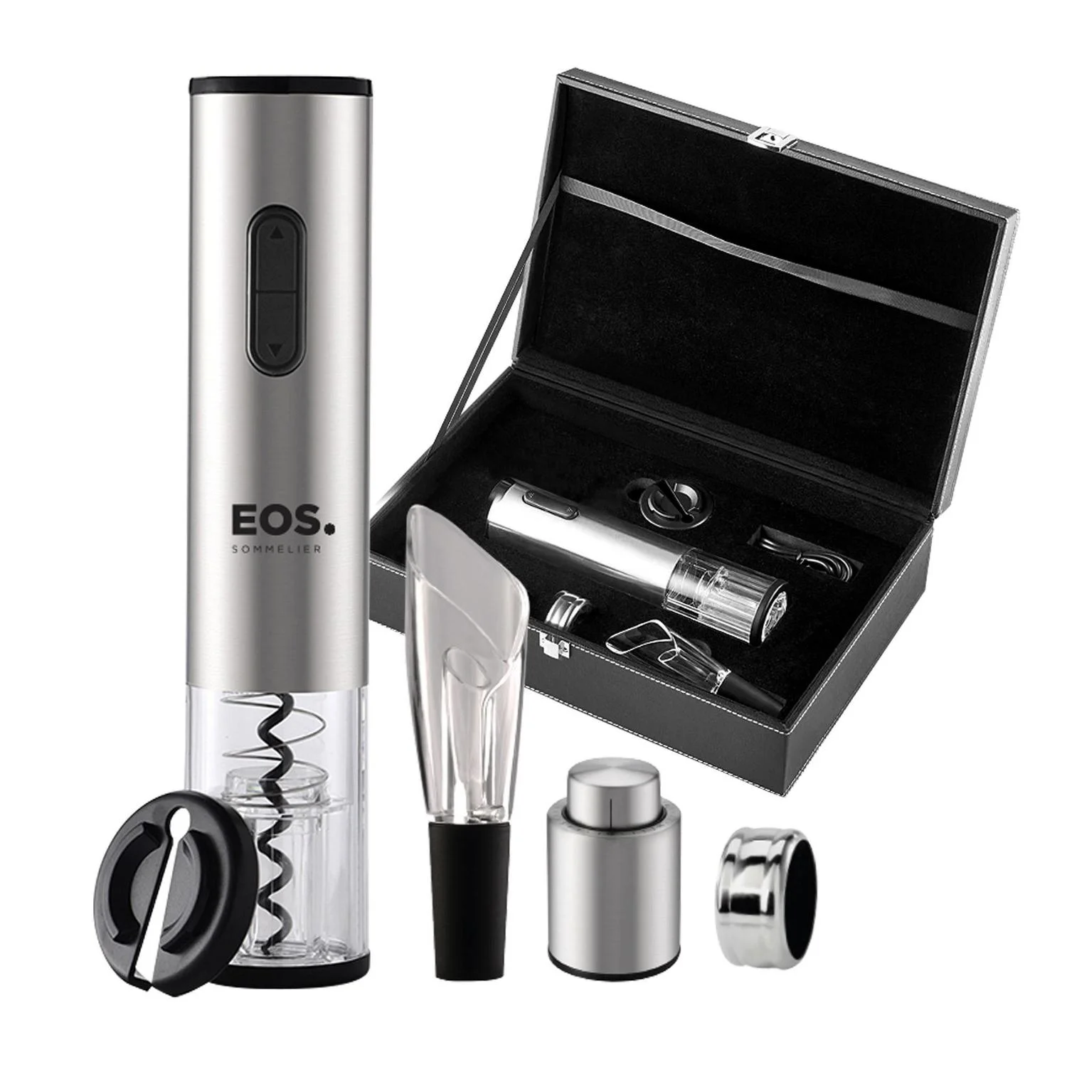 Kit Abridor de Vinho Elétrico Inox EOS EAB03M a bateria com Maleta