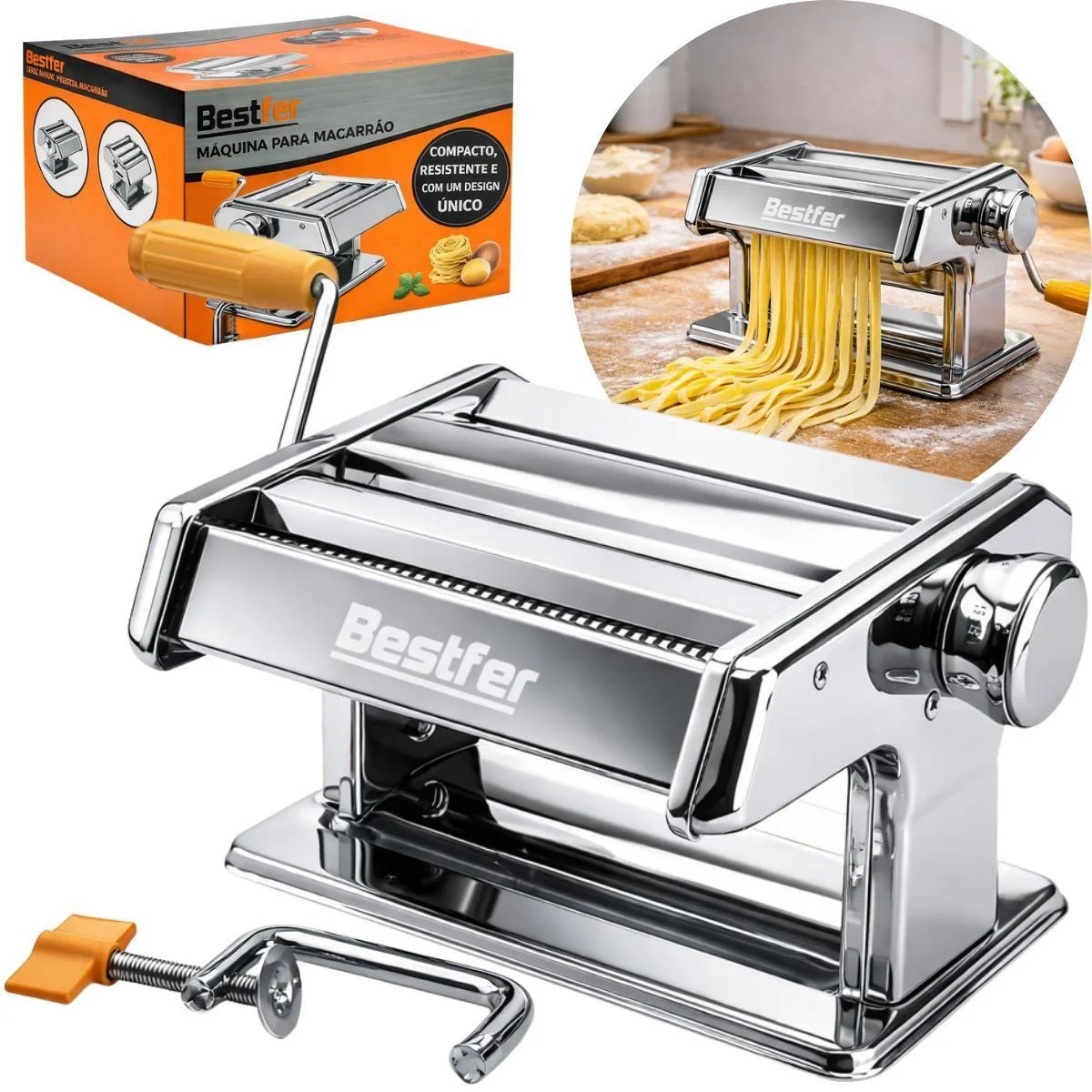 Máquina De Macarrão Caseira Laminador Massas Inox Máquina Com Regulador de Espessura e Acesórios Fixação Mesa