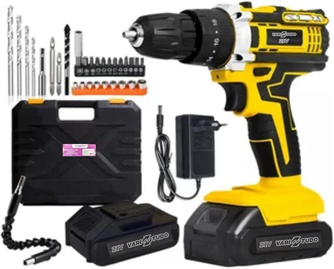 Furadeira e Parafusadeira de Impacto Sem Fio 21V LED 2 Baterias Recarregáveis Kit Completo com 32 Acessórios