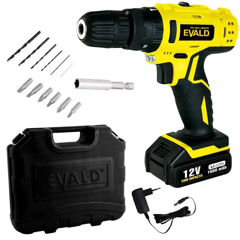 Parafusadeira Furadeira Bateria 12V com Impacto PFE-012EVI Maleta e Kit EVALD