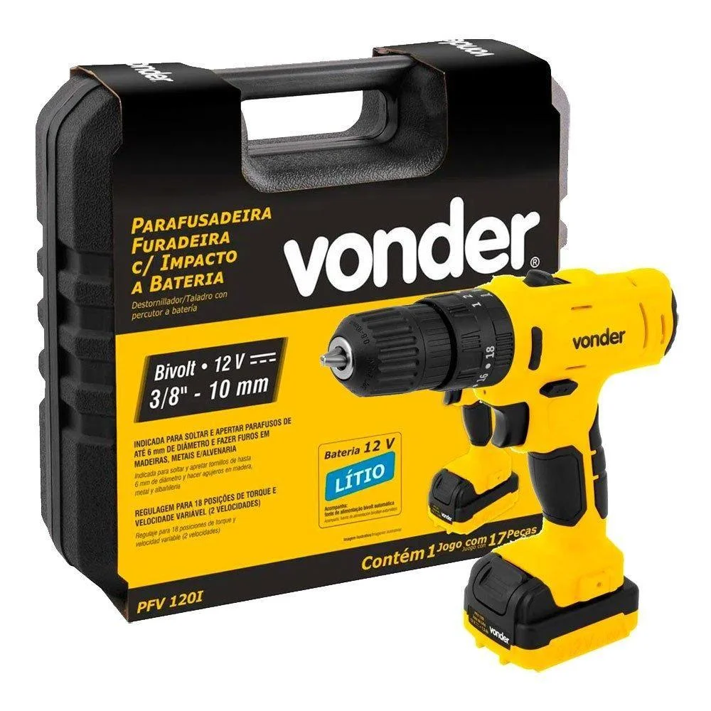 Parafusadeira Furadeira de Impacto Bateria 12V 1.3Ah Mandril 10mm Carregador Maleta 6 Brocas e Acessórios Vonder