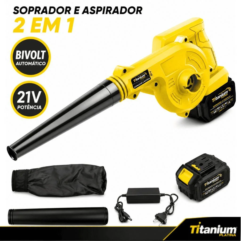Soprador e Aspirador a Bateria 21V Titanium Platina 15000 mAh com Carregador