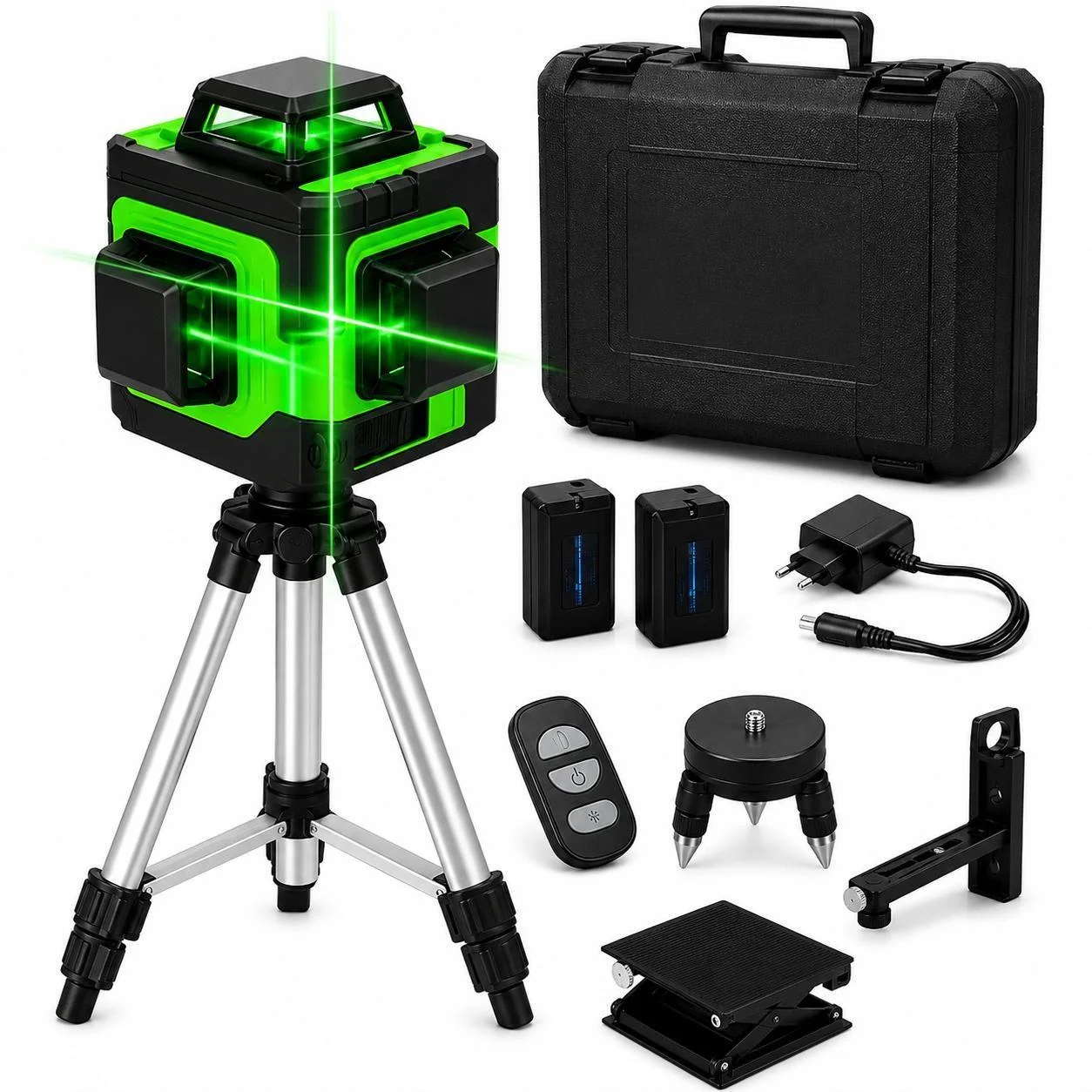 Nível Laser 12 Linhas 360 Verde Profissional com Tripé Ajustável 2 Baterias e Maleta Reforçada