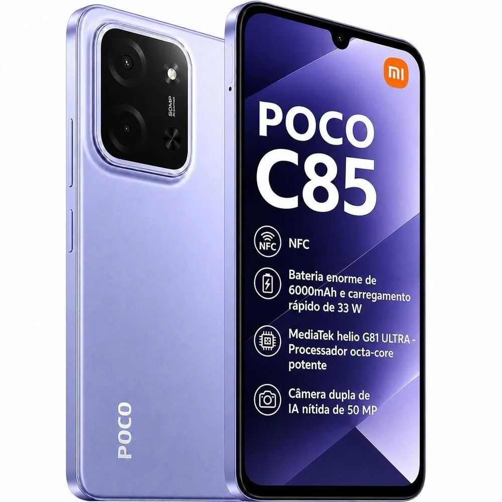 Xiaomi POCO C85 ROXO 4G com NFC 8GB RAM 256GB ROM Bateria 6000 mAh e Tela 6,9 120Hz