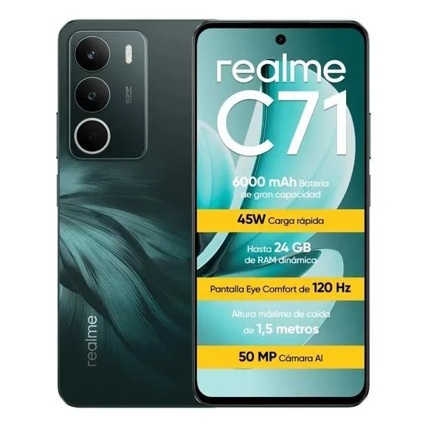 Smartphone Realme C71, 256GB, 8GB RAM, Tela 6,6 120Hz, Android 15, Câmera 50MP, Bateria 6300mAh, NFC, Dual SIM, Verde