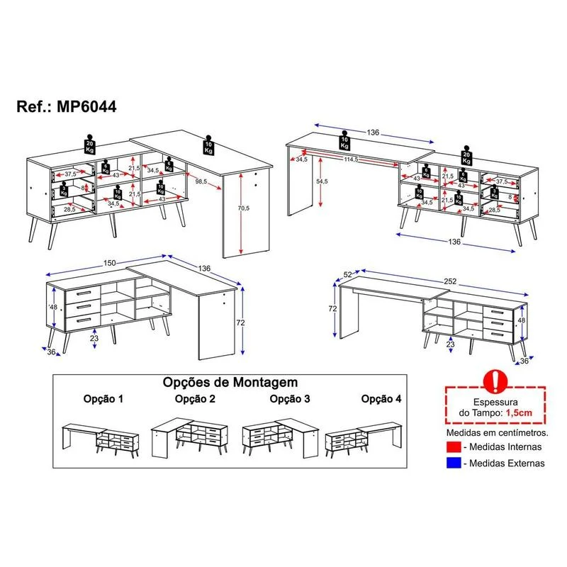Mesa de Escritório em L com 3 Gavetas Porto Multimóveis MP6044