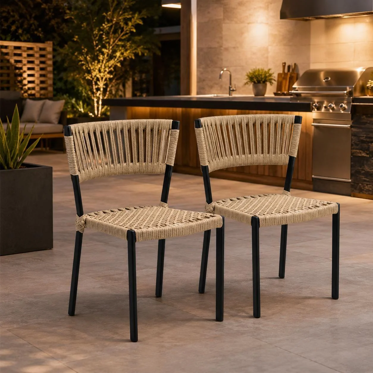 Kit 2 Cadeiras Jardim Corda Náutica Alumínio Luxo Varanda Cor:Areia