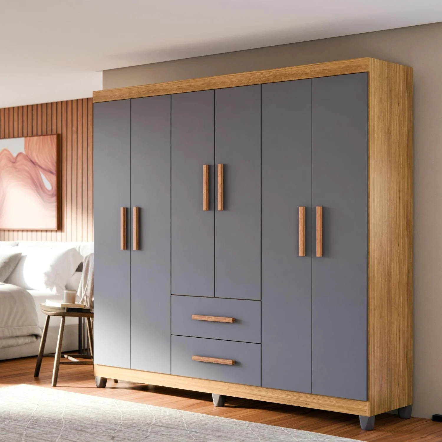 Guarda Roupa De Casal 6 Portas Para Quarto Grande Com Cabideiro Prateleiras E 2 Gavetas Cor Branco