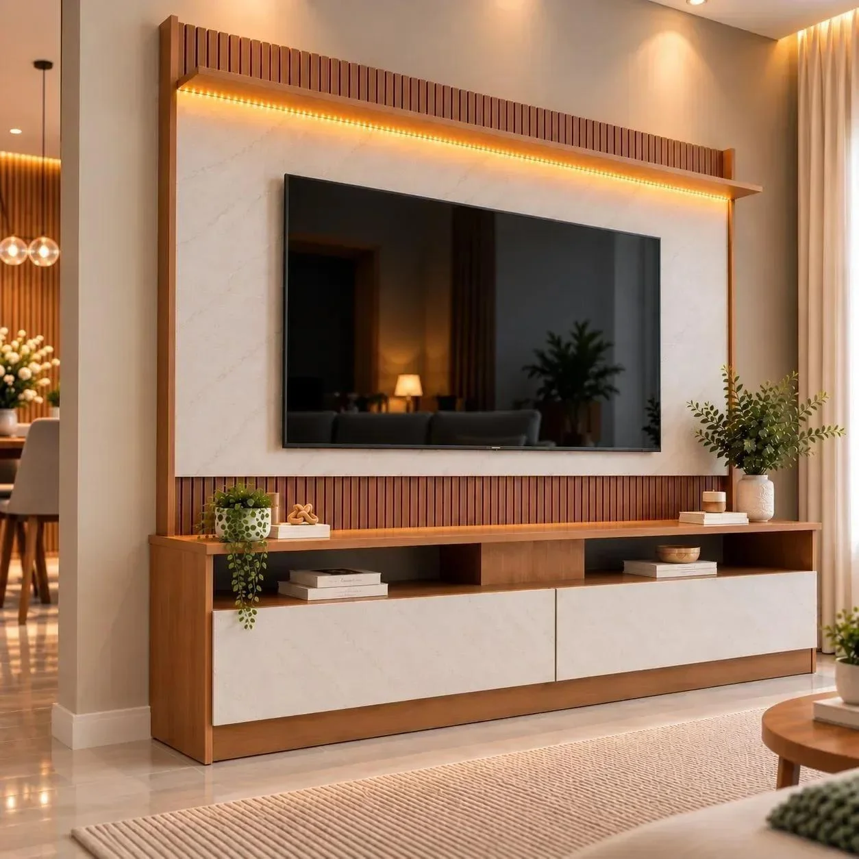 Rack com Painel para TV até 70 Polegadas Ripado Impresso LED 172x182cm Rio Marrom Manchester Mármore
