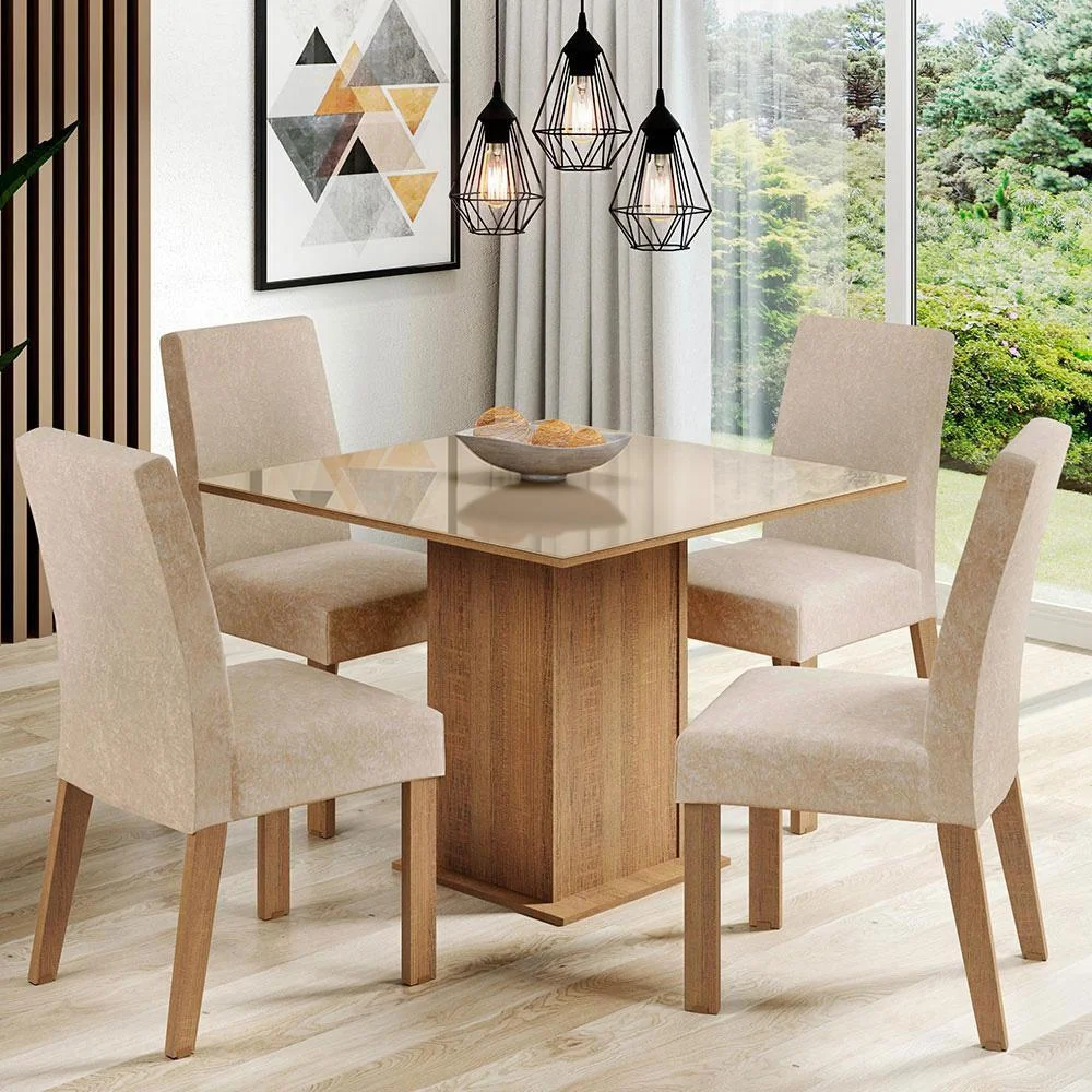 Conjunto Sala de Jantar Mesa Tampo de Vidro 4 Cadeiras Anne Madesa