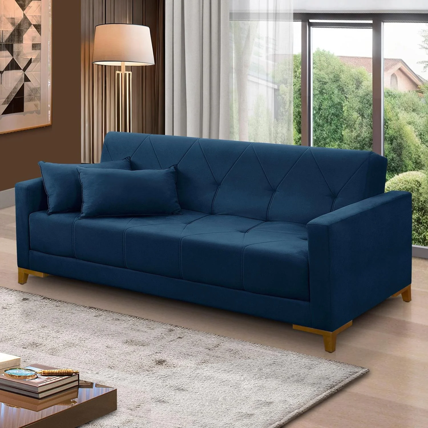 Sofá Cama 3 lugares 2,00m Aurora Suede Azul Adonai Estofados