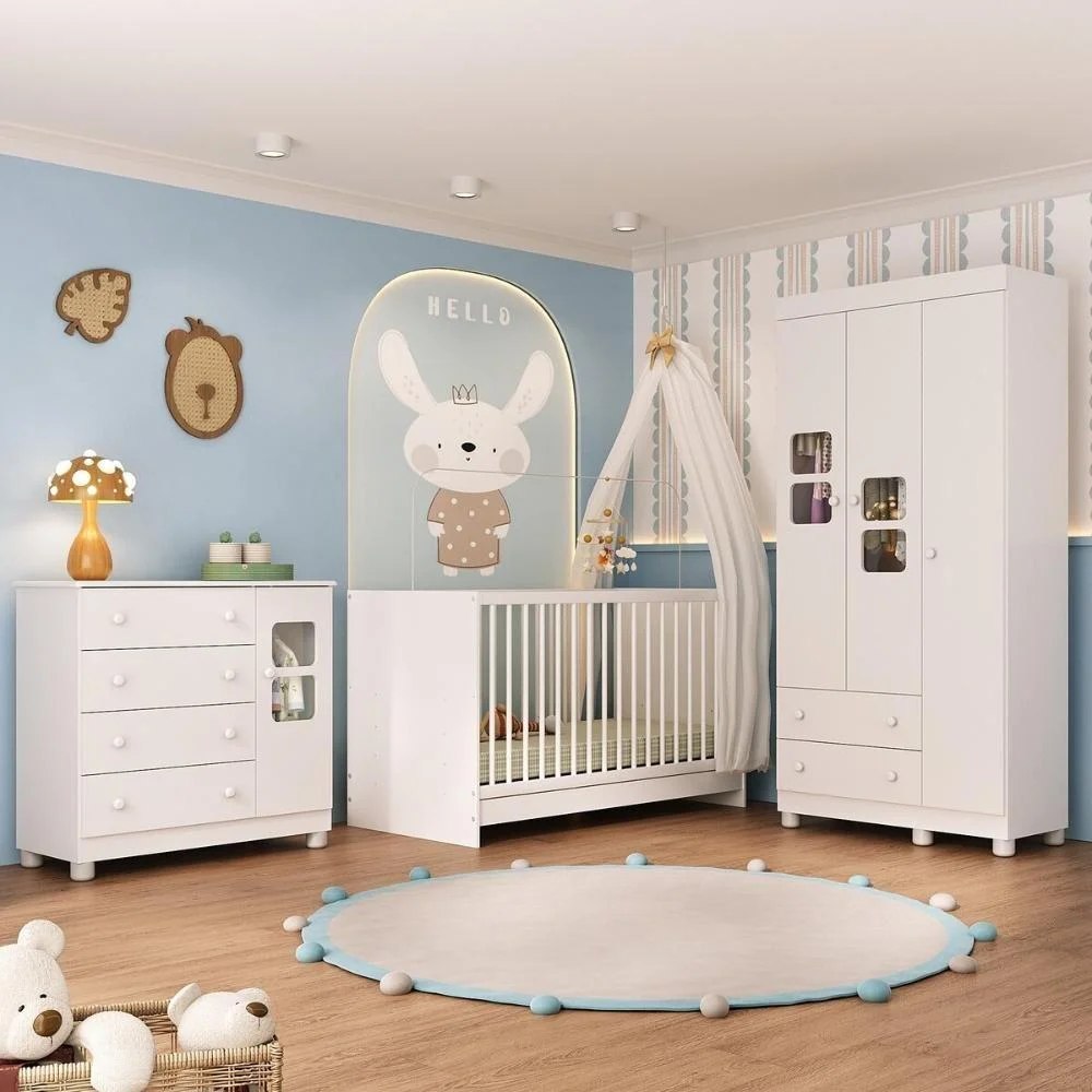 Quarto de Bebê Completo com Berço 3 em 1 para Colchão 130x60cm Sol Multimóveis MP4526