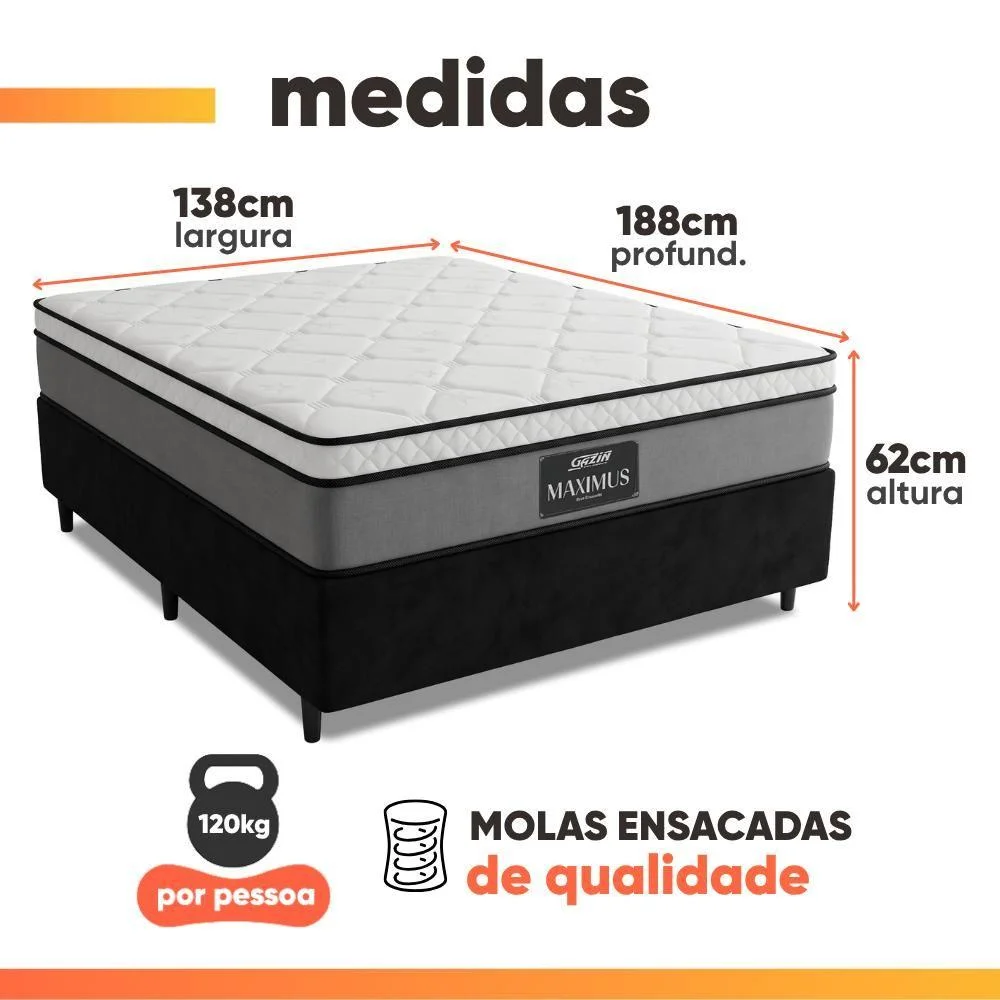 Cama Box Casal Colchão Gazin Maximus Molas Ensacadas 138x188x62cm Cinza / Preto - Suporta até 120Kg por Pessoa