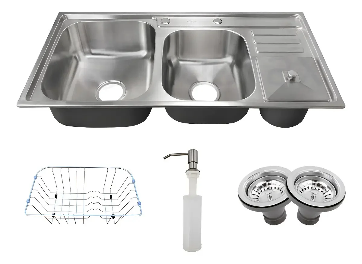Cuba Pia Cozinha Gourmet Dupla Com Lixeira Inox 304 Tubrax Cor Cinza